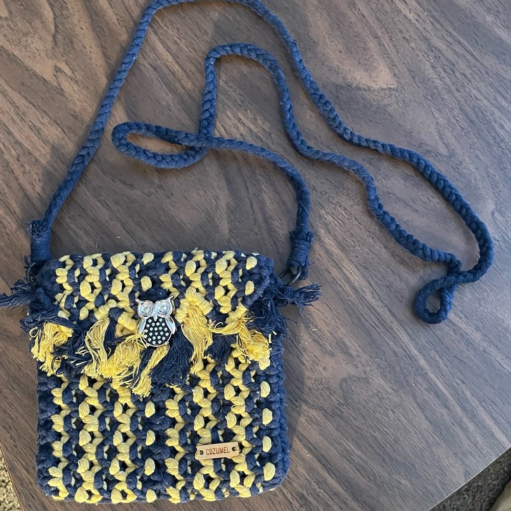 Chic Owl-Embellished Blue and Yellow Crossbody Bag